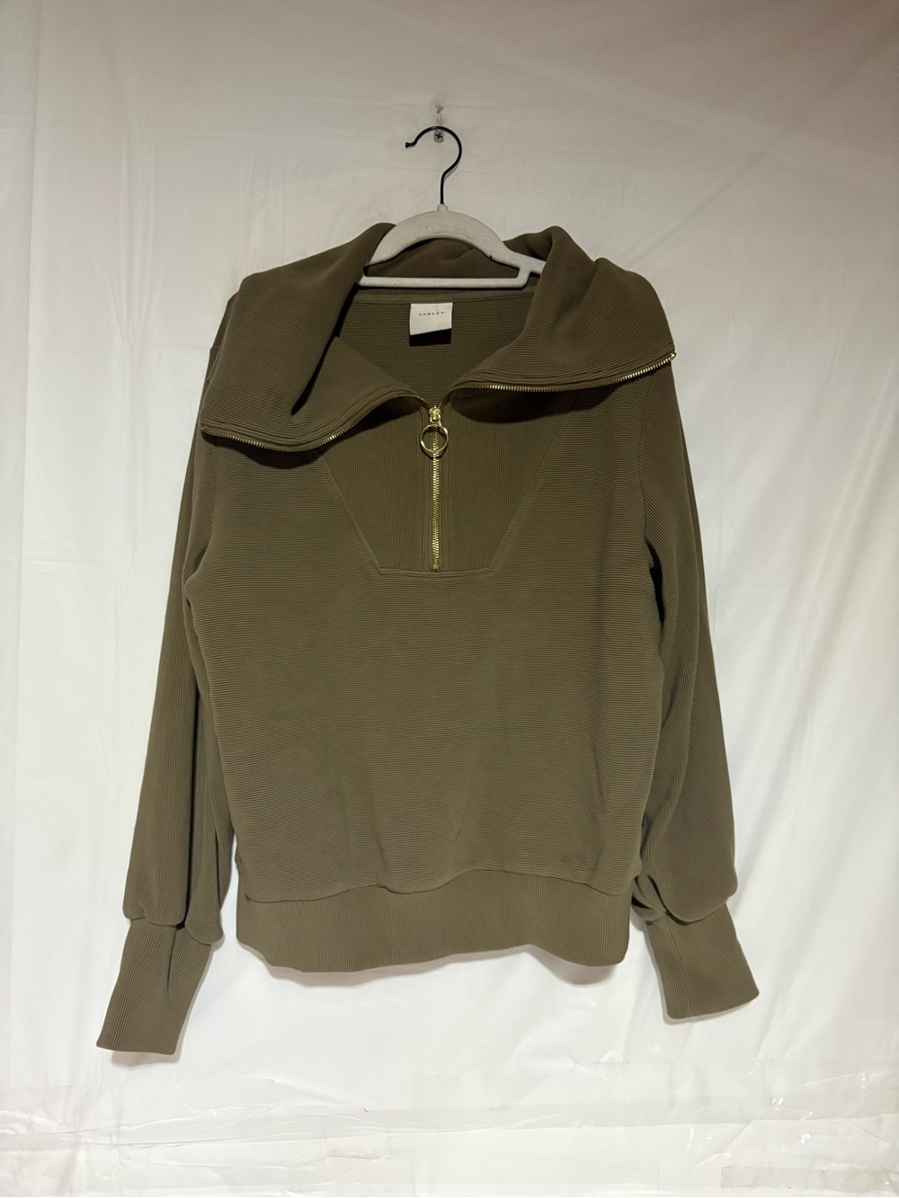 Varley Olive Green Ribbed Half-Zip Pullover with Gold Logo Tab